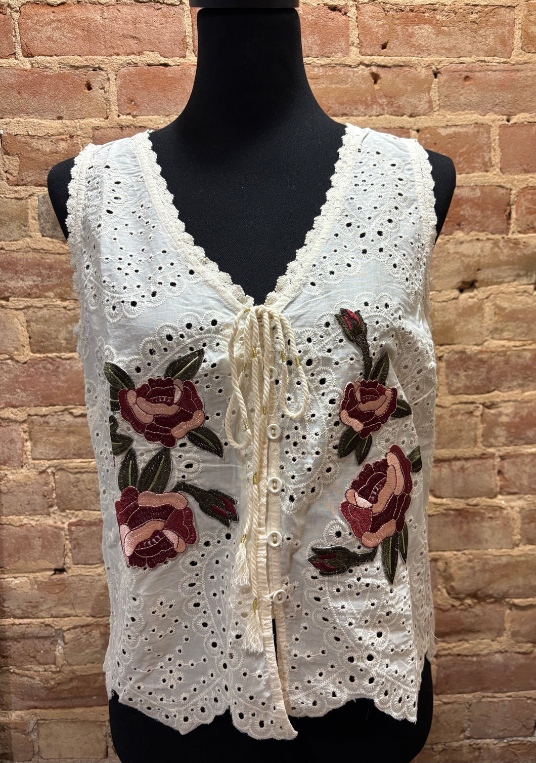Boho Floral Embroidery Vest Cream