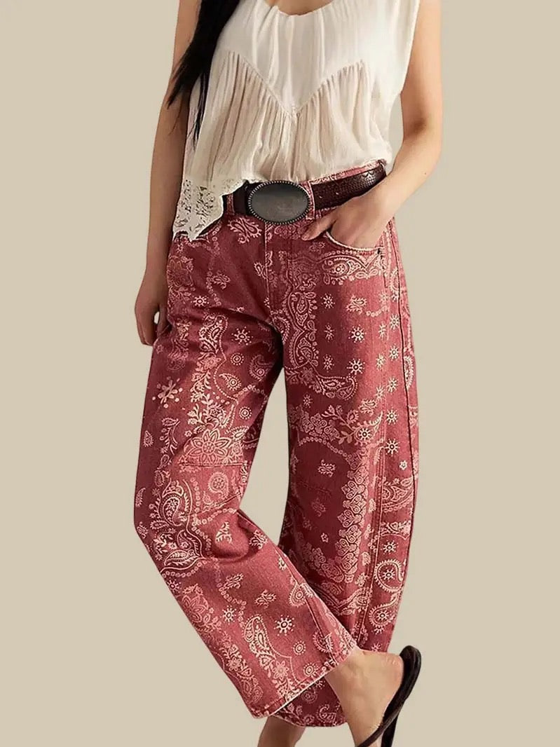 Red Paisley Print Denim Jean