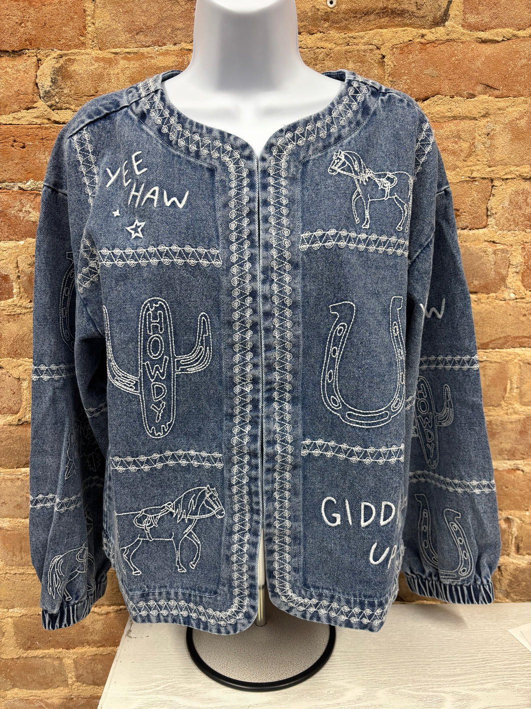 Puff Sleeve Embroidered Denim Jacket