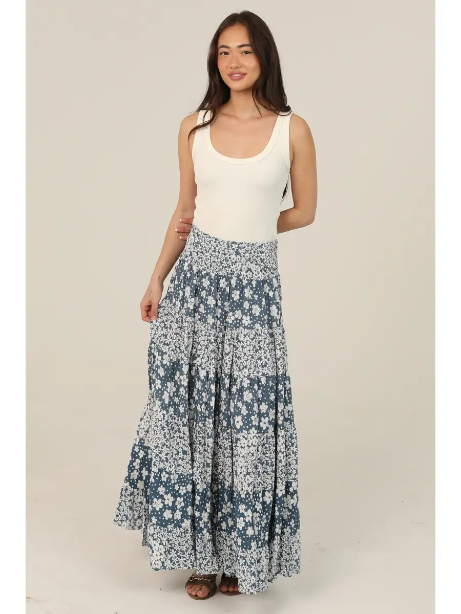 Twin Print Tiered Maxi Skirt