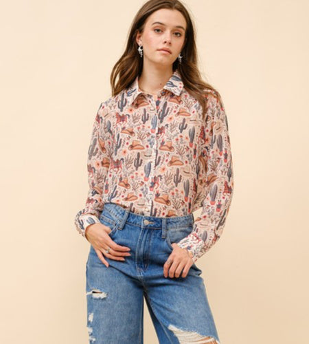 Western Print Chiffon Blouse