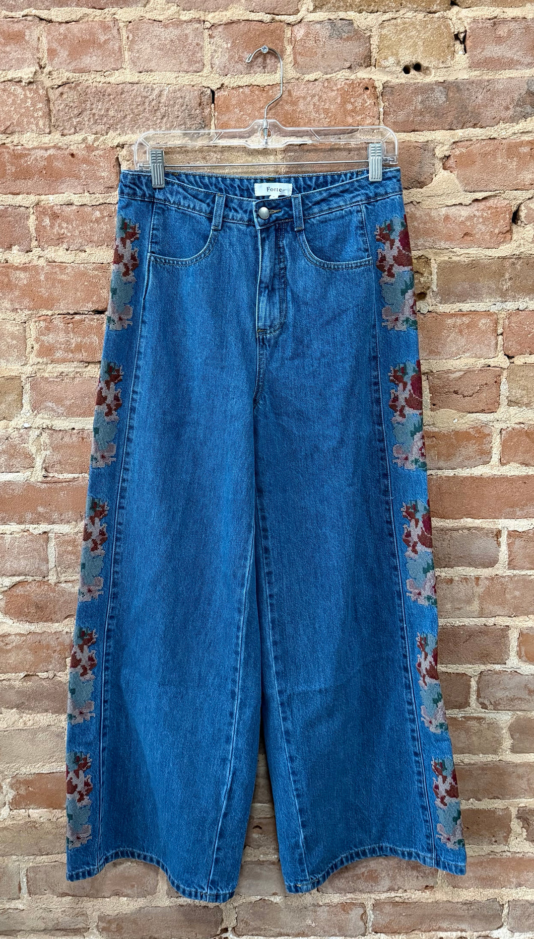 Wide Leg Floral Panel Denim