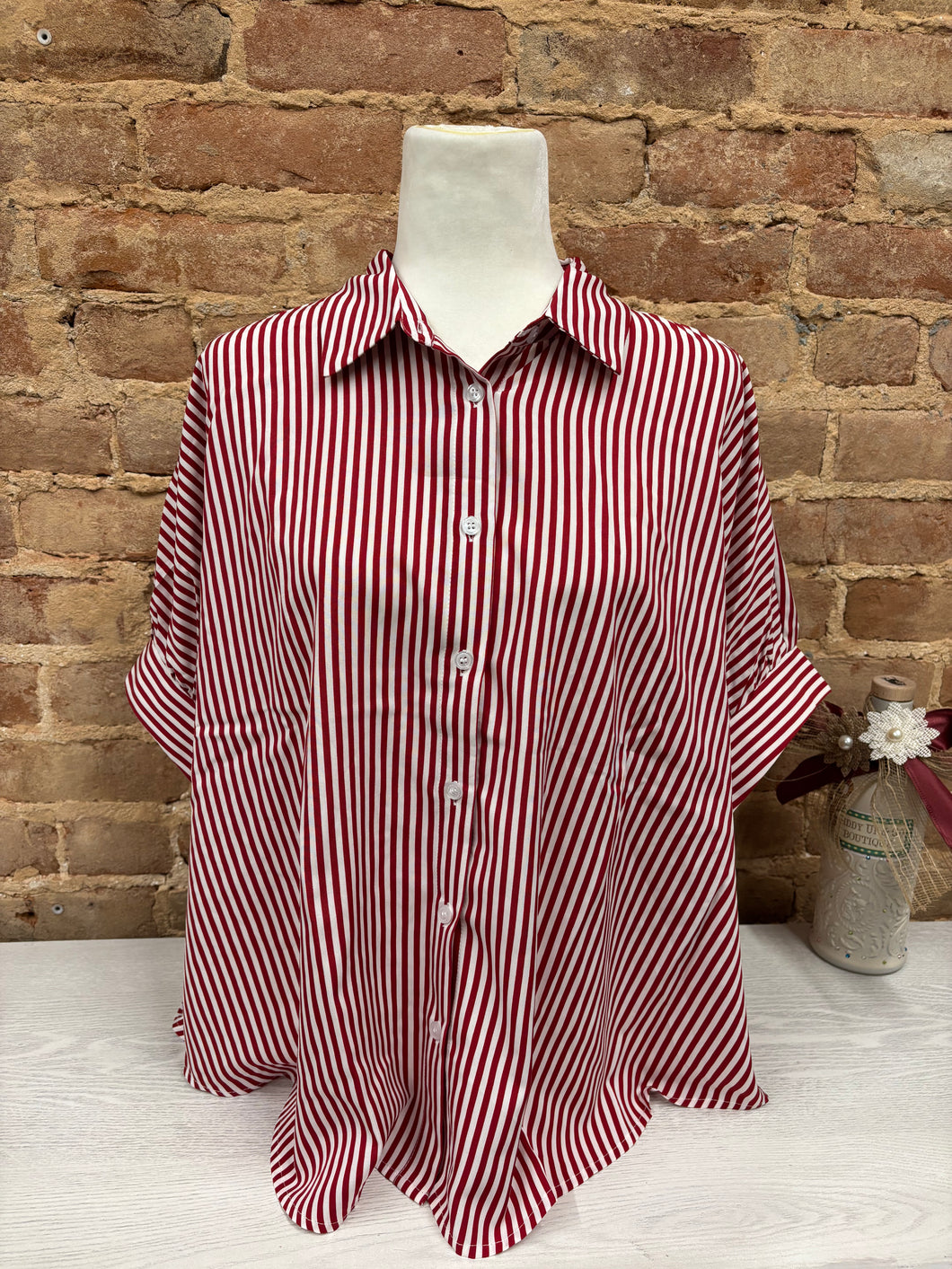 Oversized Short Sleeve Striped Top Red