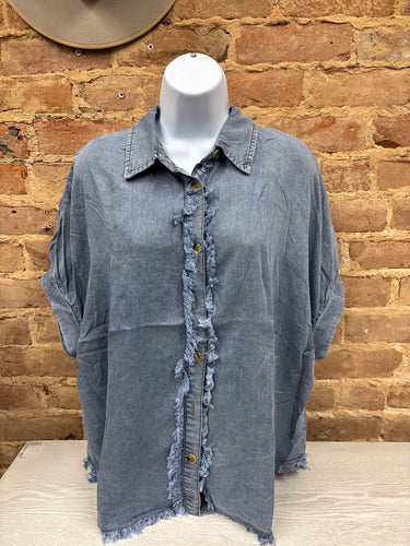 Frayed Trim Denim Button Top